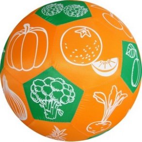 Bold med tegninger af frugt og grnt